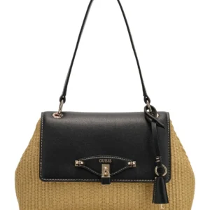 GUESS MAGGIE STRAW FLAP SHOULDER BAG - NATURAL/BLACK