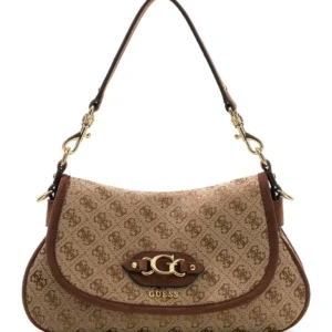 GUESS SAMANTHA FLAP SHOULDER BAG - LATTE LOGO/BROWN